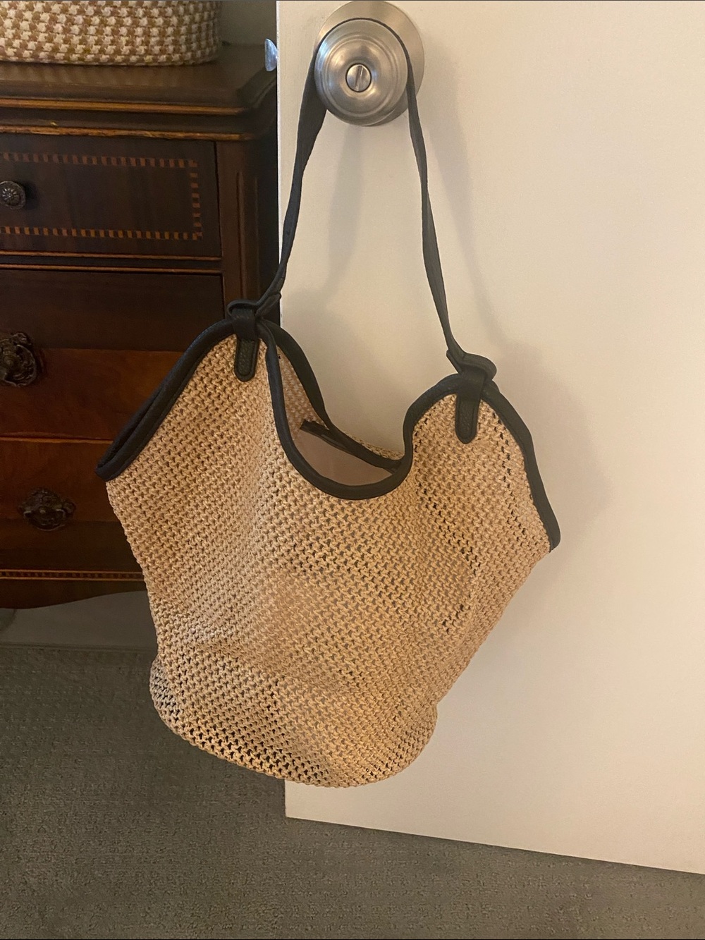 Commense Beige Woven Tote with Black Trim